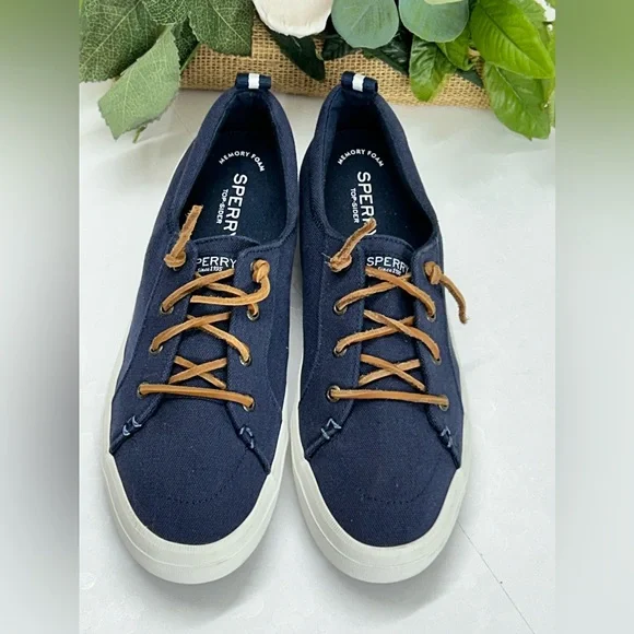 Sperry Navy Canvas Sneakers with Tan Laces - Picture 1 of 6